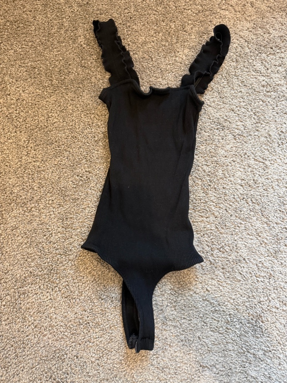 Ribbed Black Ruffle-Strap Body Suit